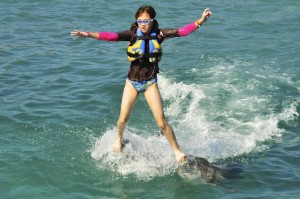 Michelle surfs on Dolphins