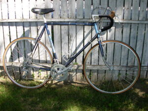 Not my Fuji America, but appears to be the same model and color.

Blue road bike, light blue highlights, with chrome around the stays.