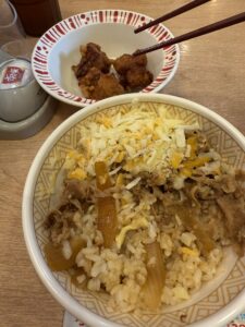 Three-cheese gyudon bowl with a side of karaage chicken