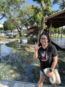 My wife striking a pose in front of the National Taiwan Museum of Comics