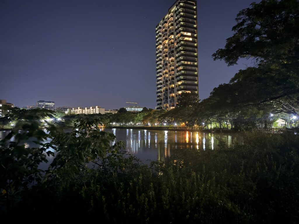 A small lake, at night, lined with darkened trees, but illuminated along the surrounding path.  A tower block looms in the distance.  The lights are reflected in the water.